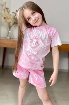Kız Çocuk Florida Yazı Baskılı Penye T-Shirt Pembe Şortlu Takım