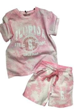 Kız Çocuk Florida Yazı Baskılı Penye T-Shirt Pembe Şortlu Takım
