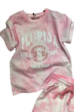 Kız Çocuk Florida Yazı Baskılı Penye T-Shirt Pembe Şortlu Takım