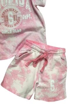 Kız Çocuk Florida Yazı Baskılı Penye T-Shirt Pembe Şortlu Takım