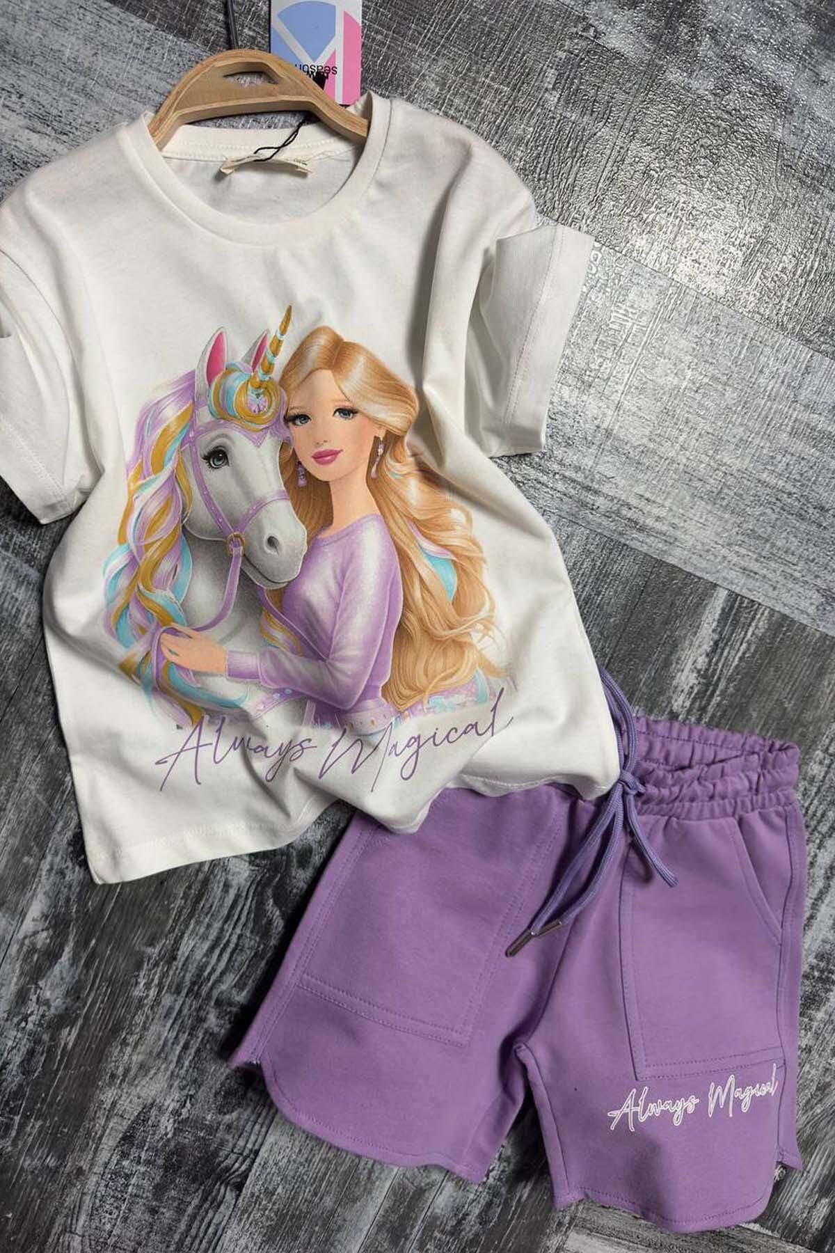 Kız Çocuk Üzeri Digital Bebek ve At Baskılı Yazı Detaylı T-shirt Lila Şortlu Takım
