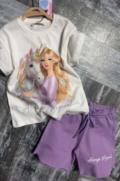 Kız Çocuk Üzeri Digital Bebek ve At Baskılı Yazı Detaylı T-shirt Lila Şortlu Takım