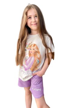 Kız Çocuk Üzeri Digital Bebek ve At Baskılı Yazı Detaylı T-shirt Lila Şortlu Takım