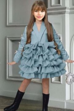 Kız Çocuk V Yaka Kesim Kolları Kurdele Detaylı Kat Kat Kumaş Kabarık Savoy Mavisi Abiye