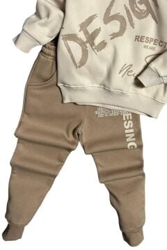 Erkek Çocuk Çift Baskılı Respect Design Yazı Şardonlu Krem Eşofman Takım