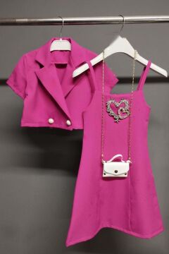 Kız Çocuk Düğme Detaylı Blazer Ceket ve Taşlı Kalp İşlemeli Fuşya Elbise