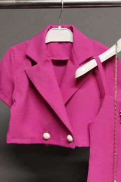 Kız Çocuk Düğme Detaylı Blazer Ceket ve Taşlı Kalp İşlemeli Fuşya Elbise