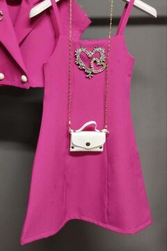 Kız Çocuk Düğme Detaylı Blazer Ceket ve Taşlı Kalp İşlemeli Fuşya Elbise