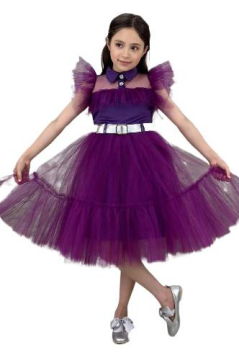 Kız Çocuk Gömlek Yaka Göğsü Ve Kolları Tül Detaylı Wednesday Mor Elbise