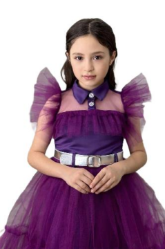 Kız Çocuk Gömlek Yaka Göğsü Ve Kolları Tül Detaylı Wednesday Mor Elbise