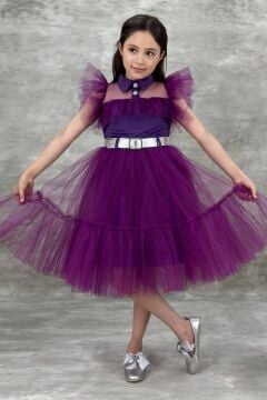 Kız Çocuk Gömlek Yaka Göğsü Ve Kolları Tül Detaylı Wednesday Mor Elbise