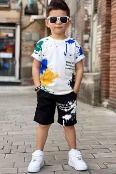 Erkek Çocuk Bisiklet Yaka Üzeri Renki Boya Desenli T-shirt Beli Lastikli Siyah Şortlu Takım