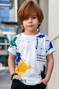 Erkek Çocuk Bisiklet Yaka Üzeri Renki Boya Desenli T-shirt Beli Lastikli Siyah Şortlu Takım