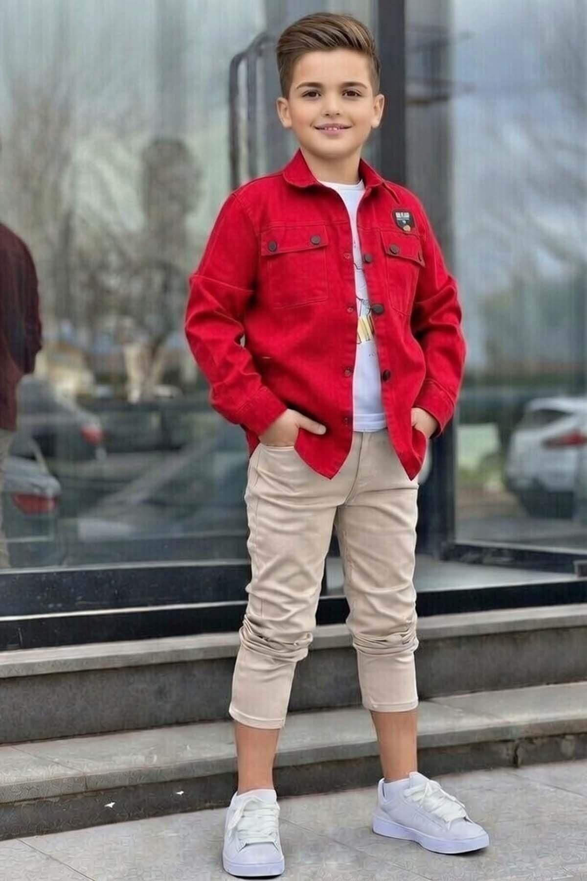 Erkek Çocuk Sırt Baskılı ÇıtÇıt Düğmeli Kırmızı Gömlek Dar Kesim Pantolon Alt Üst Takım