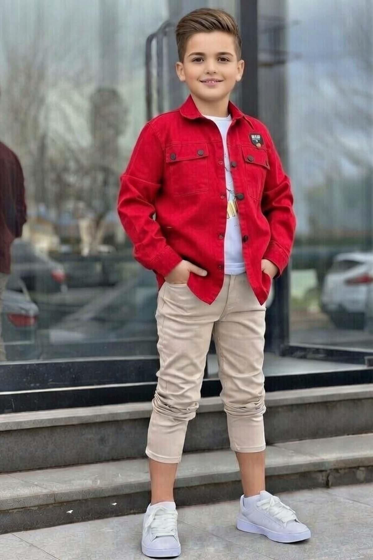 Erkek Çocuk Sırt Baskılı ÇıtÇıt Düğmeli Kırmızı Gömlek Dar Kesim Pantolon Alt Üst Takım