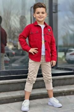 Erkek Çocuk Sırt Baskılı ÇıtÇıt Düğmeli Kırmızı Gömlek Dar Kesim Pantolon Alt Üst Takım
