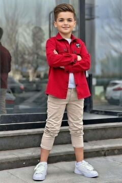 Erkek Çocuk Sırt Baskılı ÇıtÇıt Düğmeli Kırmızı Gömlek Dar Kesim Pantolon Alt Üst Takım
