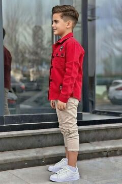 Erkek Çocuk Sırt Baskılı ÇıtÇıt Düğmeli Kırmızı Gömlek Dar Kesim Pantolon Alt Üst Takım