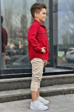 Erkek Çocuk Sırt Baskılı ÇıtÇıt Düğmeli Kırmızı Gömlek Dar Kesim Pantolon Alt Üst Takım