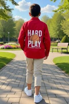 Erkek Çocuk Sırt Baskılı ÇıtÇıt Düğmeli Kırmızı Gömlek Dar Kesim Pantolon Alt Üst Takım