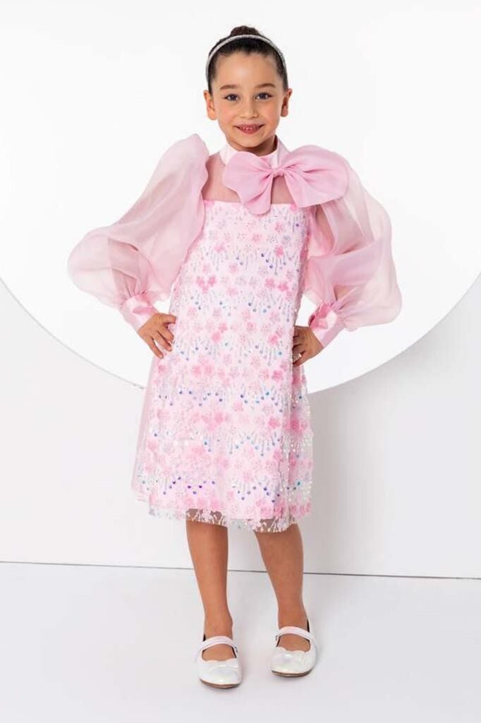 Kız Çocuk Üzeri Çiçek Pulpayet İşlemeli Omuzda Fiyonk Detaylı Şeffaf Tül Balon Kollu Pembe Elbise