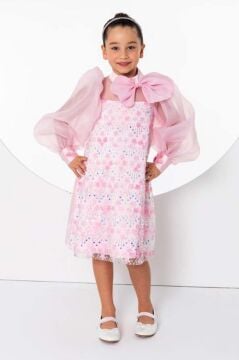 Kız Çocuk Üzeri Çiçek Pulpayet İşlemeli Omuzda Fiyonk Detaylı Şeffaf Tül Balon Kollu Pembe Elbise