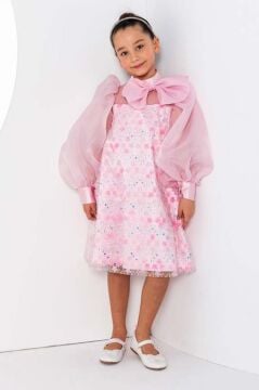 Kız Çocuk Üzeri Çiçek Pulpayet İşlemeli Omuzda Fiyonk Detaylı Şeffaf Tül Balon Kollu Pembe Elbise