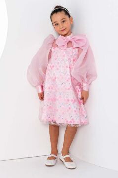 Kız Çocuk Üzeri Çiçek Pulpayet İşlemeli Omuzda Fiyonk Detaylı Şeffaf Tül Balon Kollu Pembe Elbise