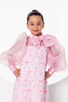 Kız Çocuk Üzeri Çiçek Pulpayet İşlemeli Omuzda Fiyonk Detaylı Şeffaf Tül Balon Kollu Pembe Elbise