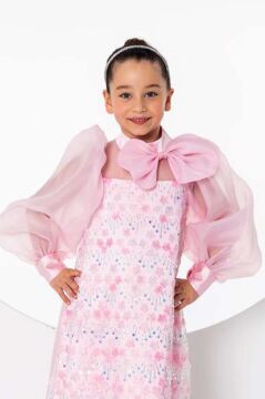 Kız Çocuk Üzeri Çiçek Pulpayet İşlemeli Omuzda Fiyonk Detaylı Şeffaf Tül Balon Kollu Pembe Elbise