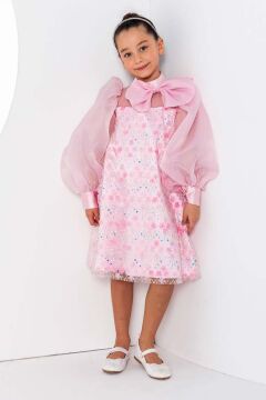 Kız Çocuk Üzeri Çiçek Pulpayet İşlemeli Omuzda Fiyonk Detaylı Şeffaf Tül Balon Kollu Pembe Elbise