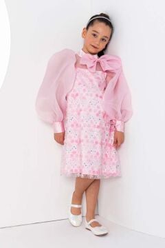 Kız Çocuk Üzeri Çiçek Pulpayet İşlemeli Omuzda Fiyonk Detaylı Şeffaf Tül Balon Kollu Pembe Elbise