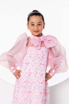 Kız Çocuk Üzeri Çiçek Pulpayet İşlemeli Omuzda Fiyonk Detaylı Şeffaf Tül Balon Kollu Pembe Elbise