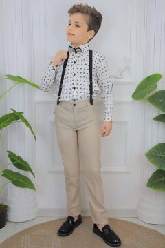 Erkek Çocuk Desenli Gömlek, Papyon ve Askılı Krem Pantolon Alt Üst Takım