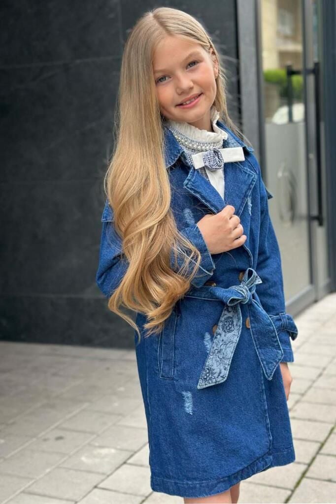 Kız Çocuk Yakası Fırfır ve İnci Detaylı Ekose Elbise New Düğme ve Kemer Detaylı Lacivert Trençkot