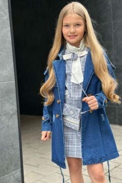 Kız Çocuk Yakası Fırfır ve İnci Detaylı Ekose Elbise New Düğme ve Kemer Detaylı Lacivert Trençkot