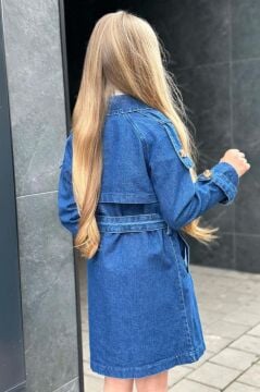 Kız Çocuk Yakası Fırfır ve İnci Detaylı Ekose Elbise New Düğme ve Kemer Detaylı Lacivert Trençkot