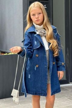 Kız Çocuk Yakası Fırfır ve İnci Detaylı Ekose Elbise New Düğme ve Kemer Detaylı Lacivert Trençkot