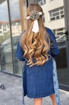 Kız Çocuk Yakası Fırfır ve İnci Detaylı Ekose Elbise New Düğme ve Kemer Detaylı Lacivert Trençkot