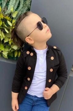 Erkek Çocuk Omzu ve Ceket Yakası Düğme Detaylı Cepli Blazer Ceketli Siyah Alt Üst Takım