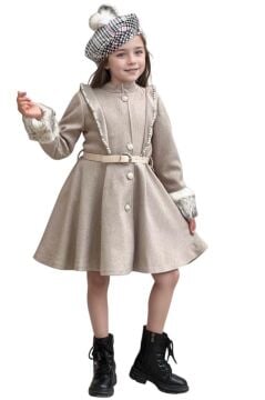 Kız Çocuk Kazayağı Desen Elbise Kolları Peluş ve Omuzları İnci İşleme Kemerli Fildişi Kaşe Kaban