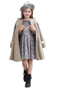 Kız Çocuk Kazayağı Desen Elbise Kolları Peluş ve Omuzları İnci İşleme Kemerli Fildişi Kaşe Kaban