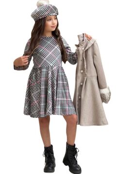 Kız Çocuk Kazayağı Desen Elbise Kolları Peluş ve Omuzları İnci İşleme Kemerli Fildişi Kaşe Kaban