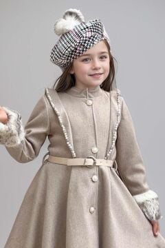 Kız Çocuk Kazayağı Desen Elbise Kolları Peluş ve Omuzları İnci İşleme Kemerli Fildişi Kaşe Kaban