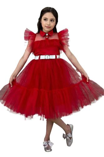 Kız Çocuk Gömlek Yaka Göğsü Ve Kolları Tül Detaylı Wednesday Kırmızı Elbise