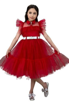 Kız Çocuk Gömlek Yaka Göğsü Ve Kolları Tül Detaylı Wednesday Kırmızı Elbise