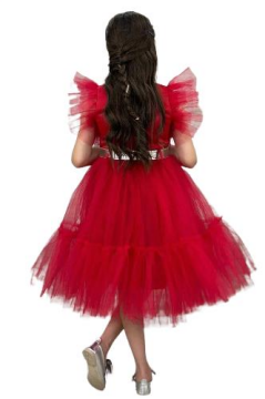 Kız Çocuk Gömlek Yaka Göğsü Ve Kolları Tül Detaylı Wednesday Kırmızı Elbise