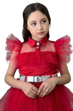 Kız Çocuk Gömlek Yaka Göğsü Ve Kolları Tül Detaylı Wednesday Kırmızı Elbise