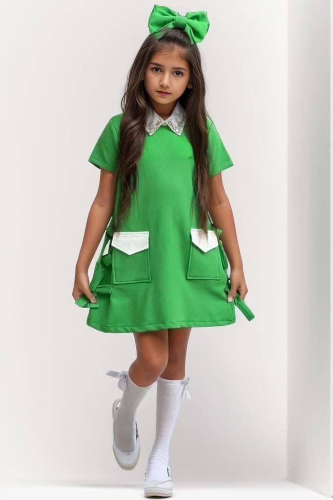 Kız Çocuk Yakası Taş İşlemeli Kısa Kollu Yanları Fiyonk Detaylı Önü Cepli Yeşil Elbise