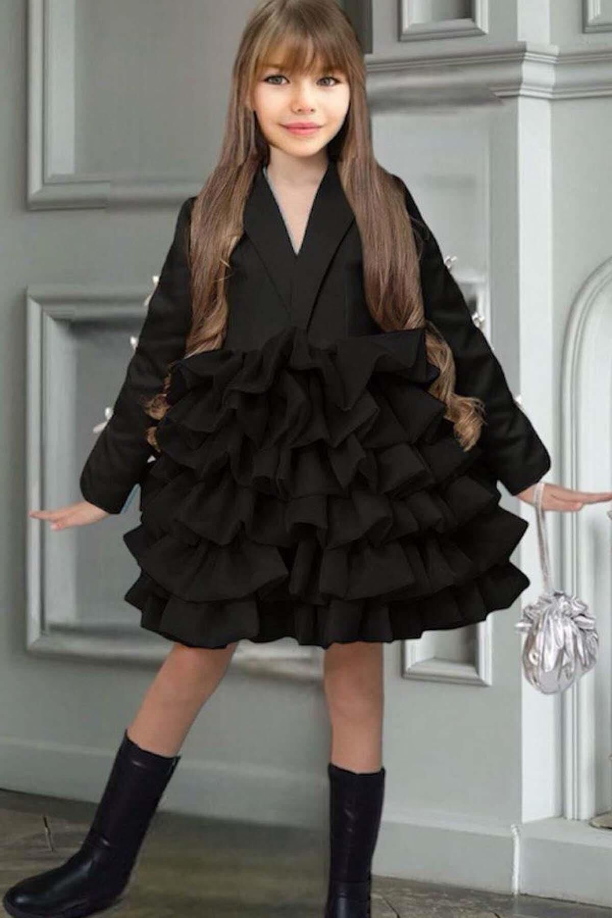 Kız Çocuk V Yaka Kesim Kolları Kurdele Detaylı Kat Kat Kumaş Kabarık Siyah Abiye